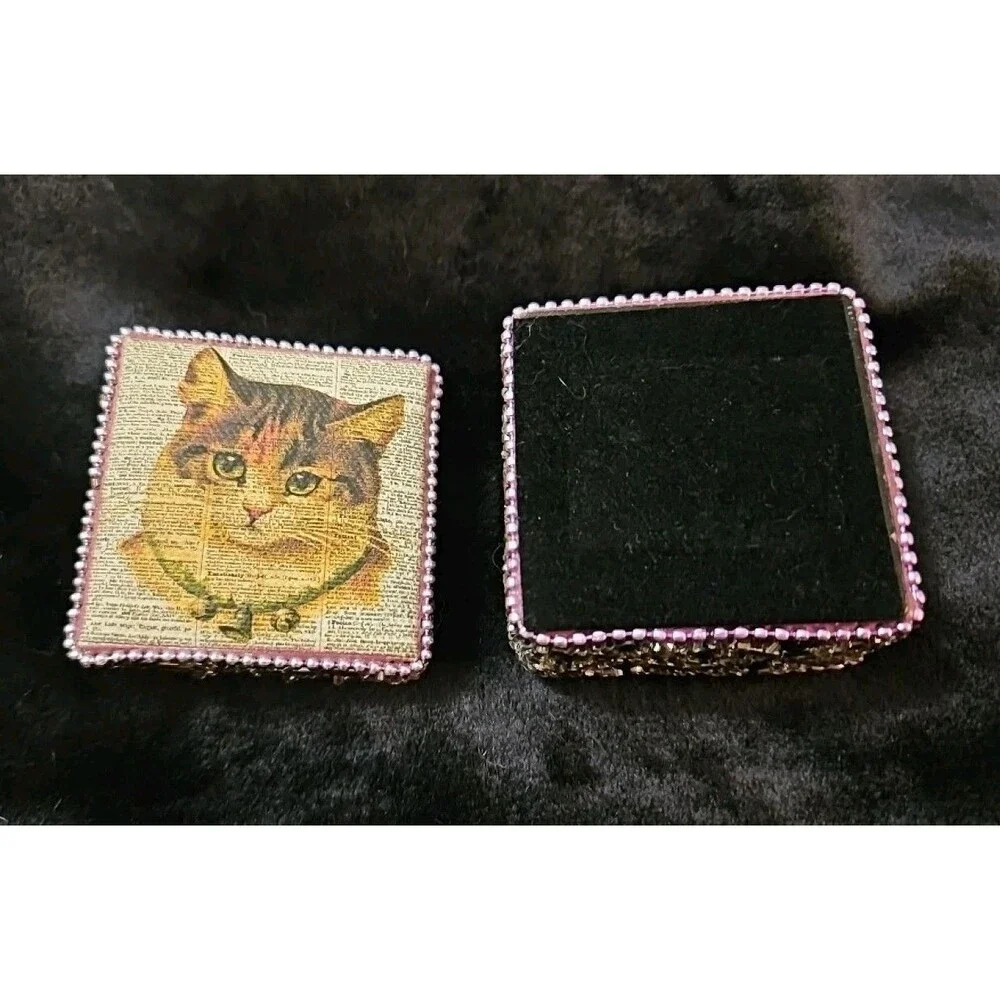Cute Vintage Look Painted Beaded Trinket Box With Cat Image And Wooden Inside